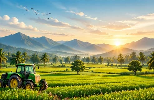 Green farmland with tractor at sunrise
