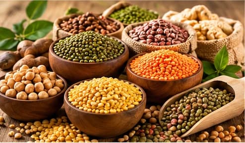 Pulses and legumes in wooden bowls